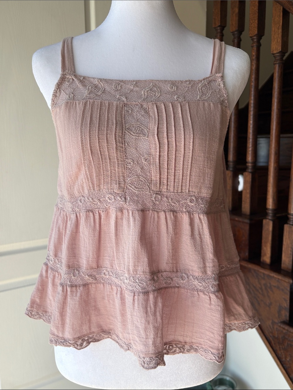 Zara Lace-Trim Pink Tiered Babydoll Tank Top